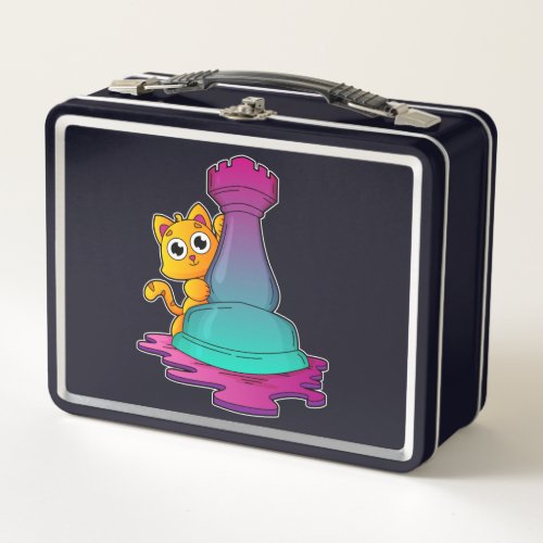 Cat at Chess with Chess piece Rook Metal Lunch Box