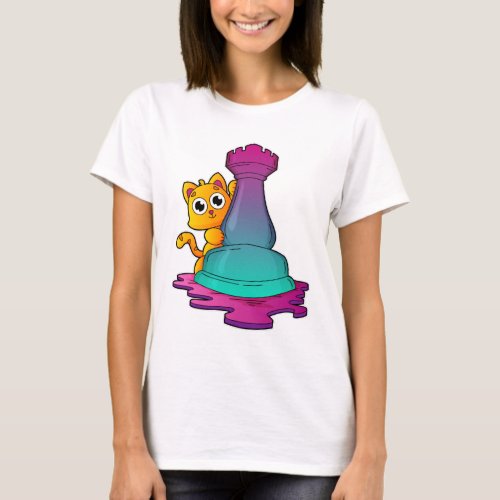 Cat at Chess with Chess piece Rook T_Shirt