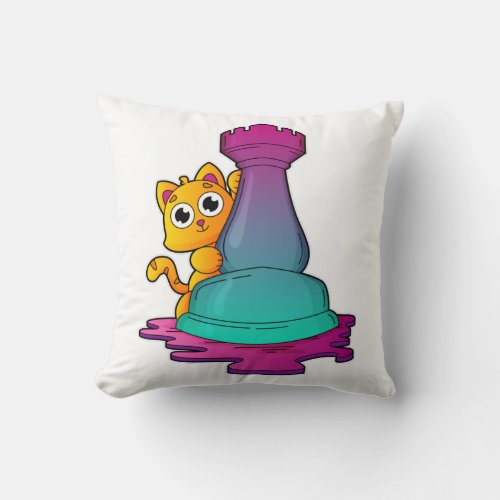 Cat at Chess with Chess piece Rook Throw Pillow
