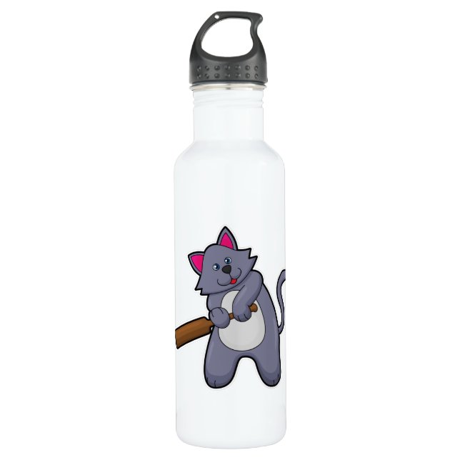 Cat at Cricket with Cricket bat Stainless Steel Water Bottle (Front)