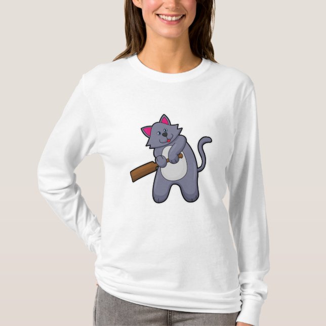 Cat at Cricket with Cricket bat T-Shirt (Front)