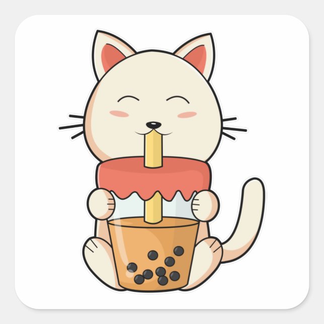 Cat at Drinking with Drinking straw Square Sticker (Front)