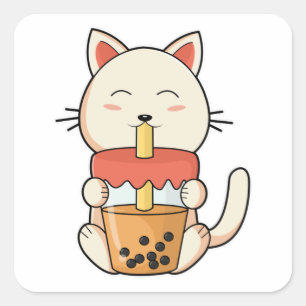 Cat at Drinking with Drinking straw Square Sticker