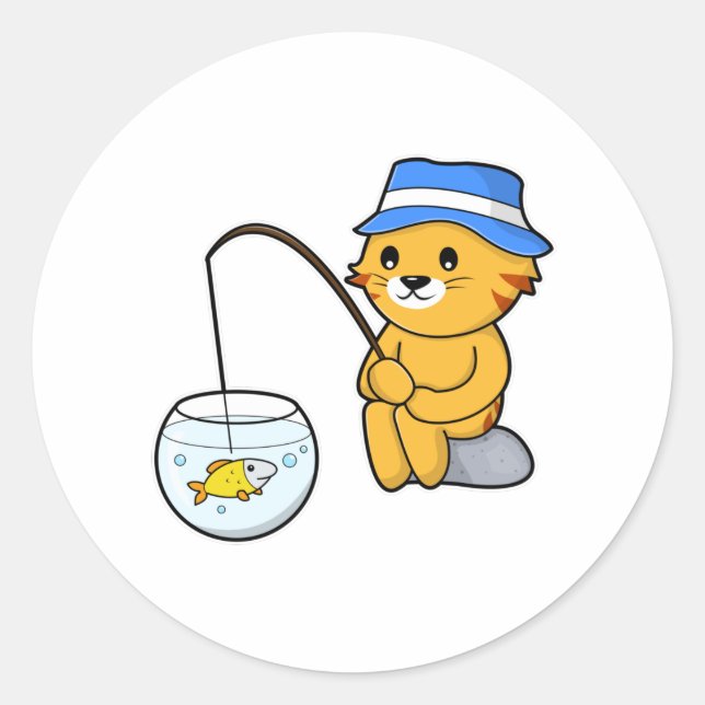 Cat at Fishing with Fish in Glass Classic Round Sticker (Front)