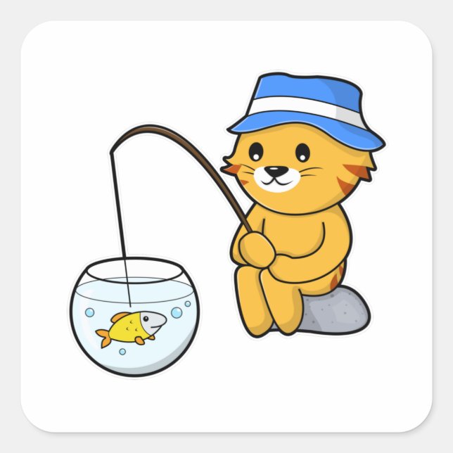 Cat at Fishing with Fish in Glass Square Sticker (Front)