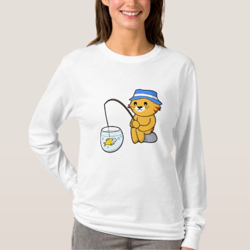 Cat at Fishing with Fish in Glass T_Shirt
