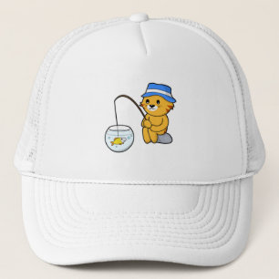 Cat at Fishing with Fish in Glass Trucker Hat