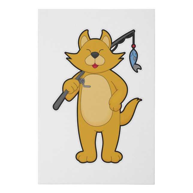Cat at Fishing with Fishing rod & Fish Faux Canvas Print (Front)