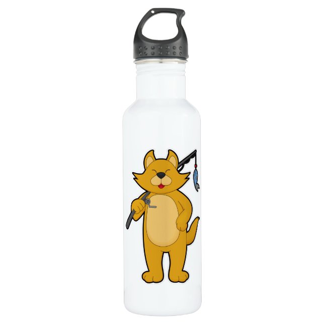Cat at Fishing with Fishing rod & Fish Stainless Steel Water Bottle (Front)