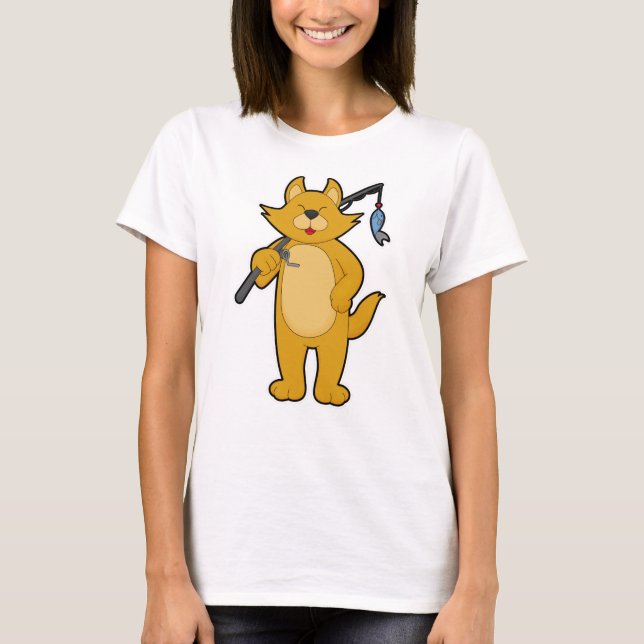 Cat at Fishing with Fishing rod & Fish T-Shirt (Front)