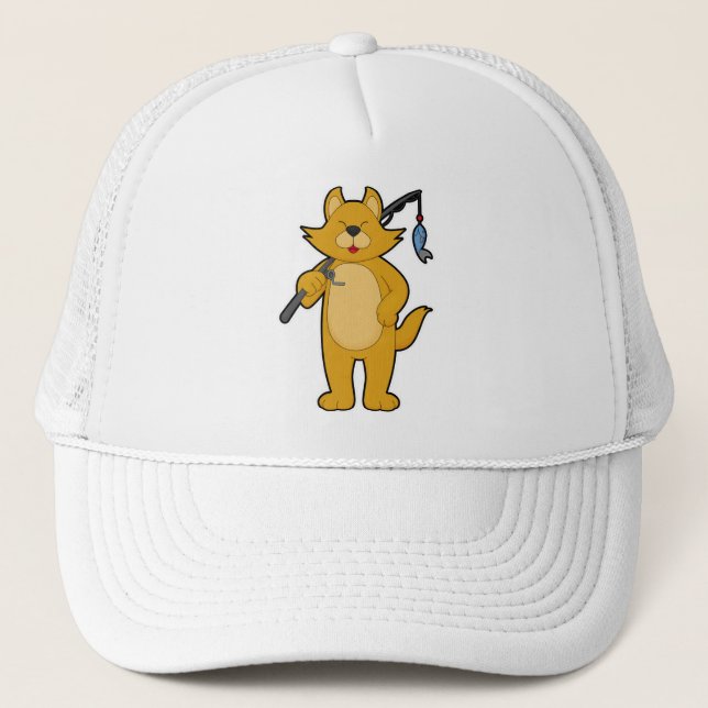 Cat at Fishing with Fishing rod & Fish Trucker Hat (Front)