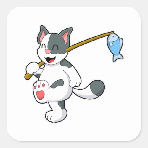 Cat at Fishing with Fishing rod Square Sticker