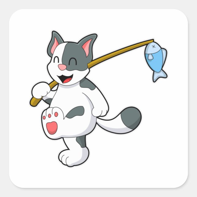 Cat at Fishing with Fishing rod Square Sticker (Front)