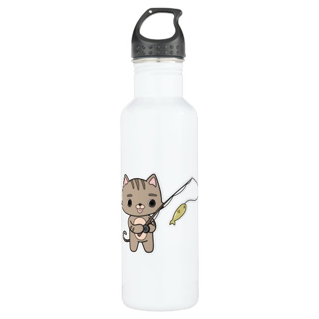 Cat at Fishing with Fishing rod Stainless Steel Water Bottle (Front)