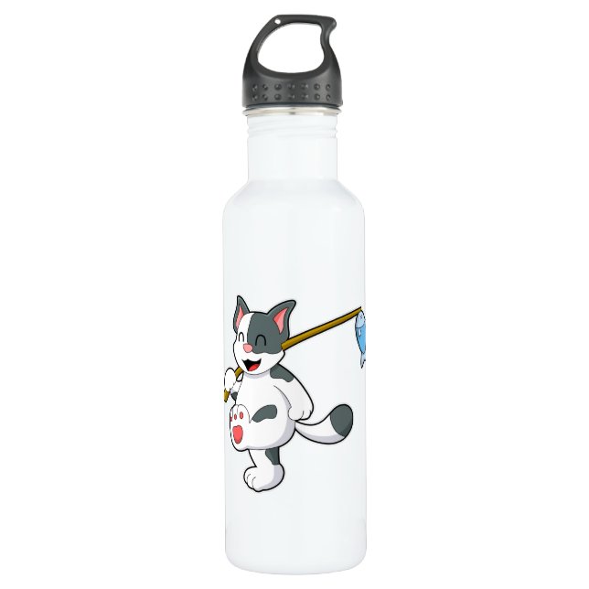 Cat at Fishing with Fishing rod Stainless Steel Water Bottle (Front)
