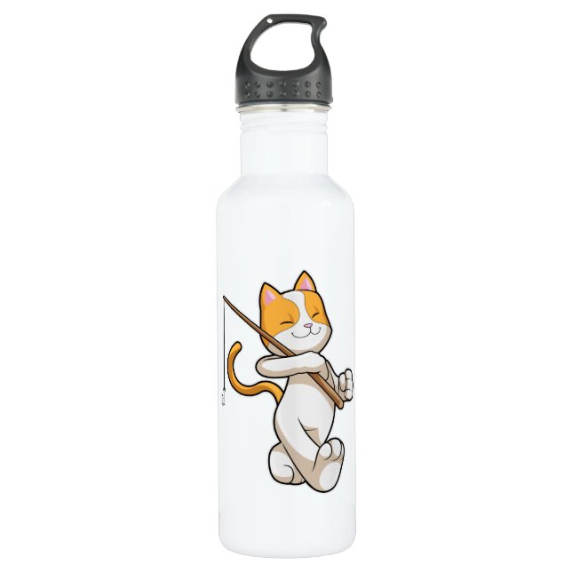 Cat at Fishing with Fishing rod Stainless Steel Water Bottle (Front)