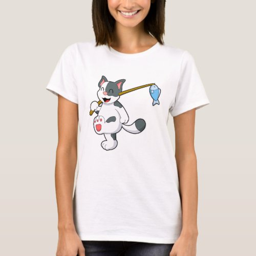 Cat at Fishing with Fishing rod T_Shirt