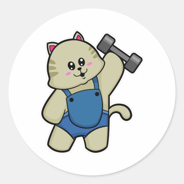 Cat at Fitness with Dumbbell Classic Round Sticker (Front)