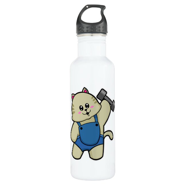 Cat at Fitness with Dumbbell Stainless Steel Water Bottle (Front)