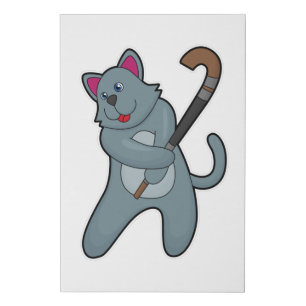 Cat at Hockey with Hockey stick Faux Canvas Print