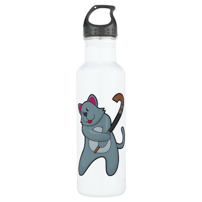 Cat at Hockey with Hockey stick Stainless Steel Water Bottle (Front)