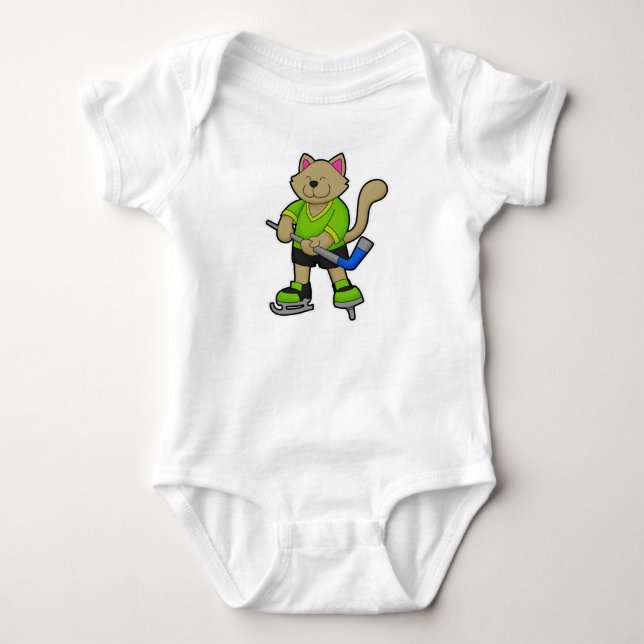 Cat at Ice hockey with Ice hockey stick Baby Bodysuit (Front)