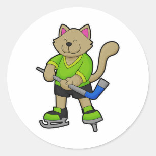 Cat at Ice hockey with Ice hockey stick Classic Round Sticker