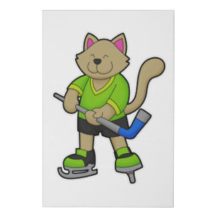 Cat at Ice hockey with Ice hockey stick Faux Canvas Print