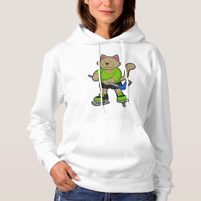 Cat at Ice hockey with Ice hockey stick Hoodie (Front)