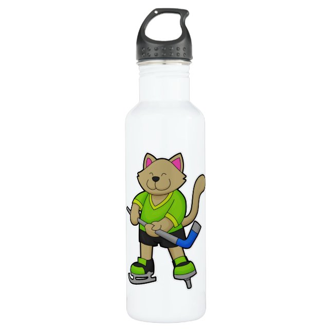 Cat at Ice hockey with Ice hockey stick Stainless Steel Water Bottle (Front)