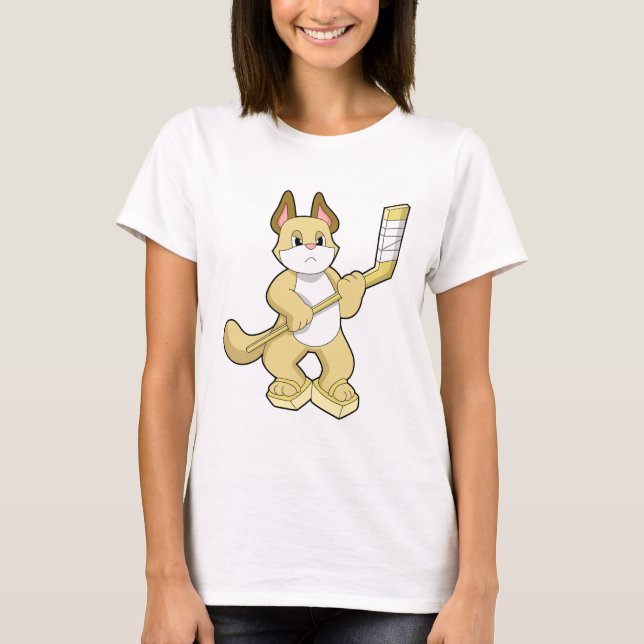 Cat at Ice hockey with Ice hockey stick T-Shirt (Front)
