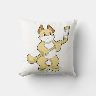 Cat at Ice hockey with Ice hockey stick Throw Pillow