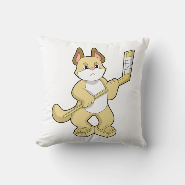 Cat at Ice hockey with Ice hockey stick Throw Pillow (Front)