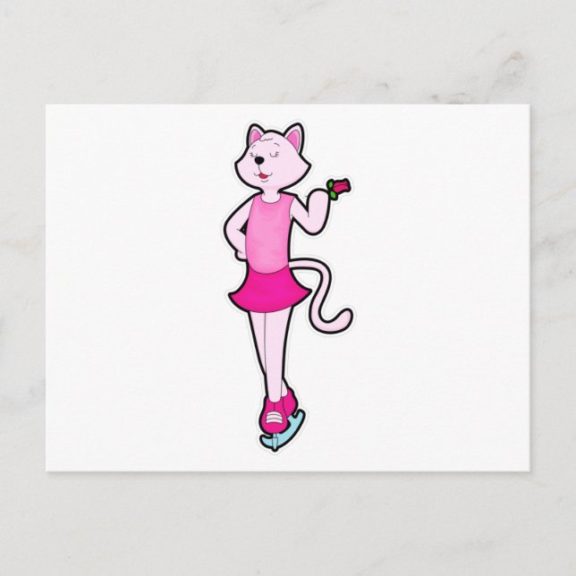 Cat at Ice skating with Flower Postcard (Front)