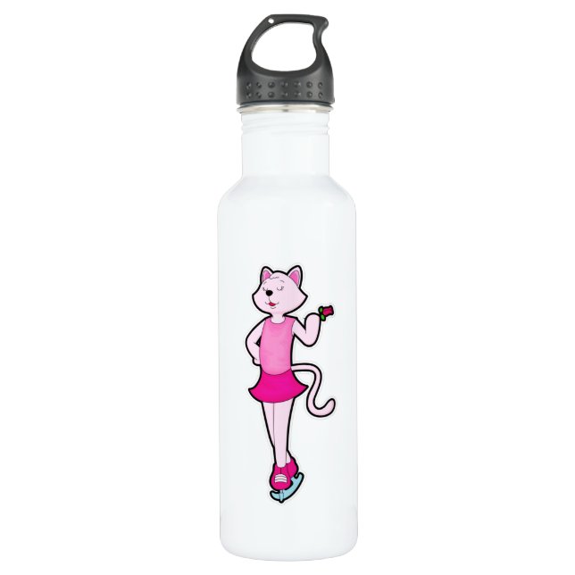 Cat at Ice skating with Flower Stainless Steel Water Bottle (Front)
