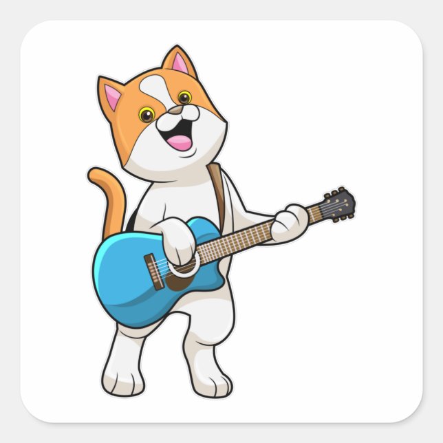 Cat at Music with Guitar Square Sticker (Front)