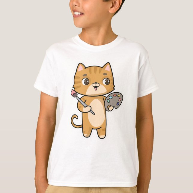Cat at Painting with Color & Brush T-Shirt (Front)