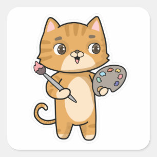 Cat at Painting with Colour & Brush Square Sticker