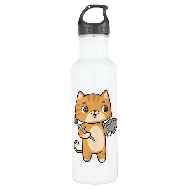 Cat at Painting with Colour & Brush Stainless Steel Water Bottle (Front)