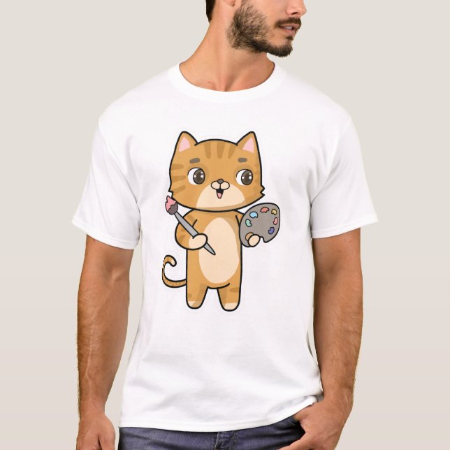 Cat at Painting with Colour & Brush T-Shirt (Front)