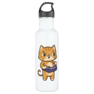 Cat at Playing with Controller Stainless Steel Water Bottle