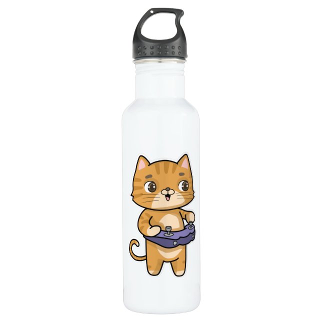 Cat at Playing with Controller Stainless Steel Water Bottle (Front)