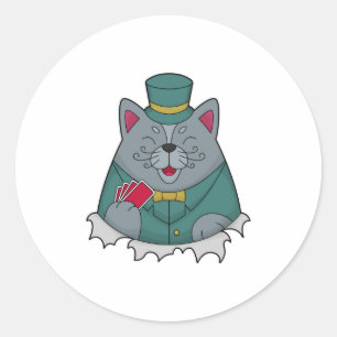 Cat at Poker with Poker cards Classic Round Sticker
