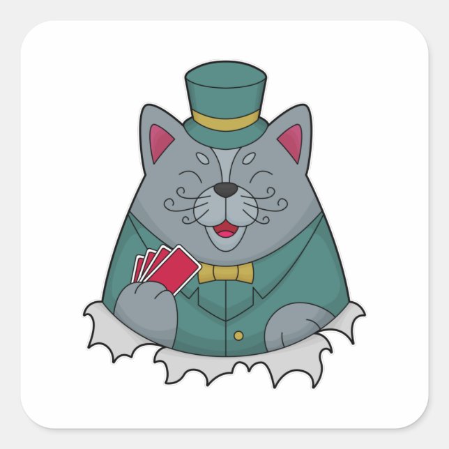Cat at Poker with Poker cards Square Sticker (Front)