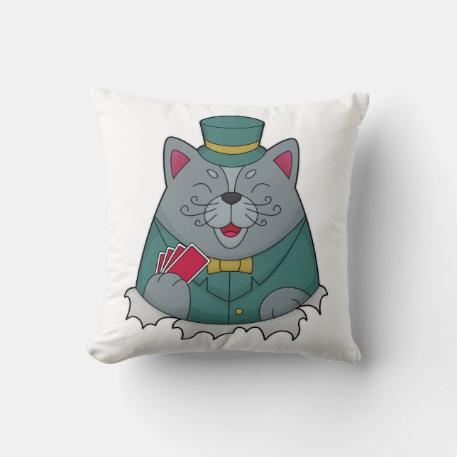 Cat at Poker with Poker cards Throw Pillow (Front)
