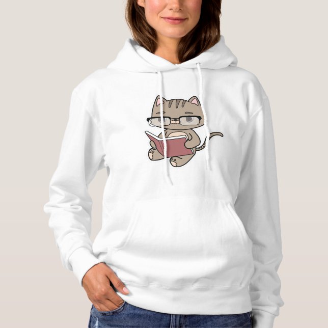 Cat at Reading with Book Hoodie (Front)