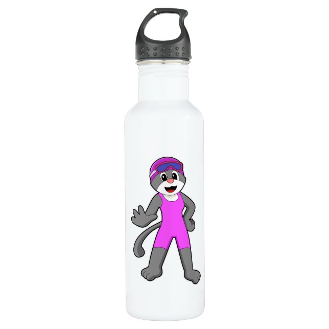 Cat at Swimming with Swimsuit Stainless Steel Water Bottle (Front)