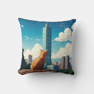 Cat at Taipei 101 Taiwan Throw Pillow