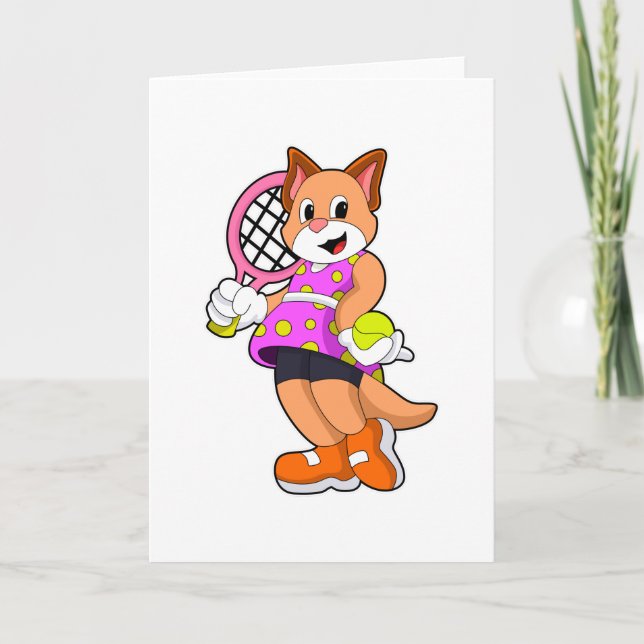Cat at Tennis with Tennis racket Card (Front)