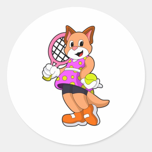 Cat at Tennis with Tennis racket Classic Round Sticker (Front)